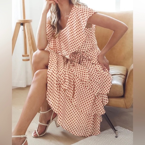 Lulus Cream and Polka Dot Tiered One Shoulder Midi Dress - Picture 2 of 7